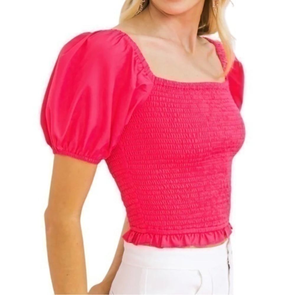 NEW Luxe Boutique Women’s Dusty Hot Pink Smocked Puff Sleeve Ruffle Hem Crop Top